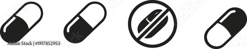 Capsule pill and medicine icons set including allowed and prohibited drug symbols, minimalist black and white flat design illustration for healthcare concepts