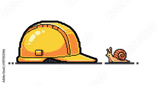 Pixel art: construction helmet and snail illustration in retro style