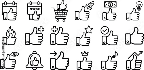 Business thumbs up icon set for approval, e-commerce, success, and project management symbols.
