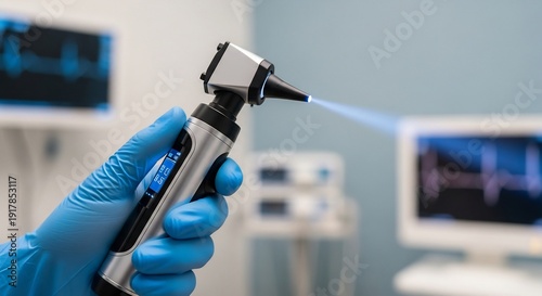 Close up of a doctors hand holding an otoscope in a medical examination room.