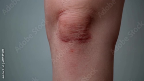 Close up extreme macro shot of a child's pale human knee joint showing a prominent reddish abrasion or friction burn mark on the patella area, suggesting recent injury
