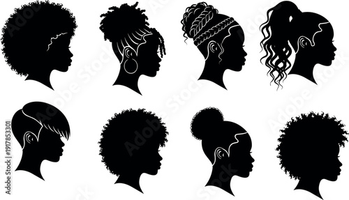 Set of black female silhouette head profiles with various natural hairstyles including afro braids and curls cad drawing flat vector illustration