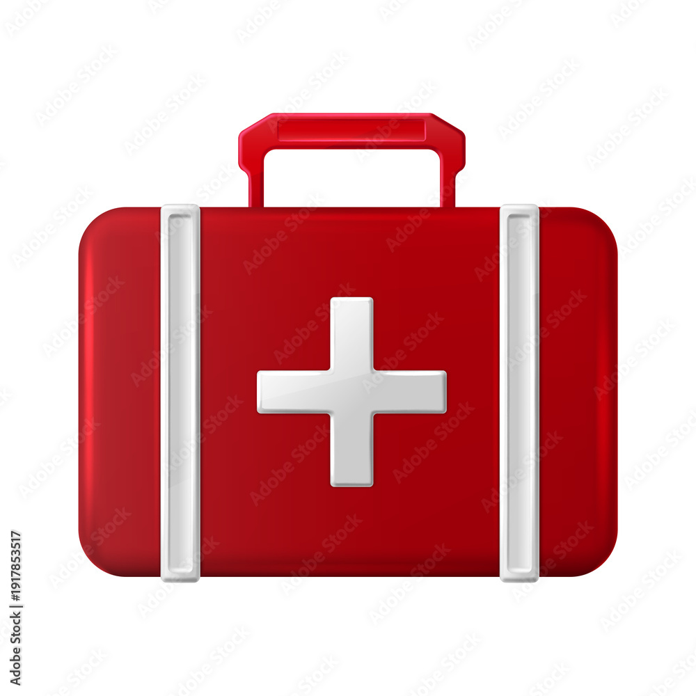 Obraz premium Red medical kit with white cross icon for healthcare and emergency assistance, cartoon style illustration isolated on transparent background, png