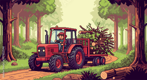 Pixel art tractor hauling logs in forest scene