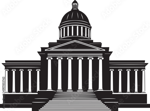 Government building with a dome and columns, vector silhouette illustration line art