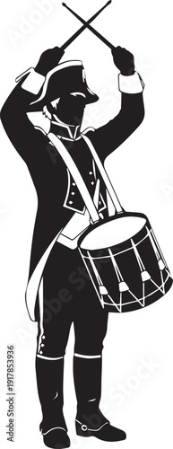 Revolutionary war drummer playing drums, vector silhouette illustration line art
