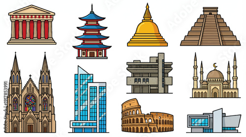 Collection of iconic architectural landmarks from around the world in various styles