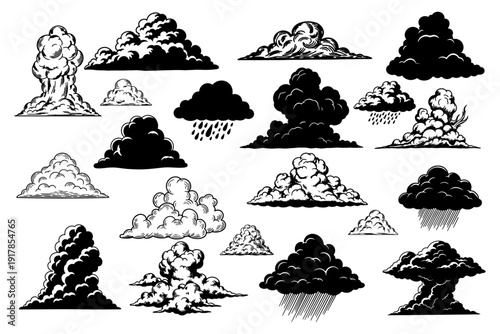Cloud Silhouettes Set with Cumulus Cirrus Storm and Rain Clouds Vector Collection
