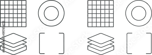 Four distinct geometric designs showcase a grid, a circle, layered squares, and an empty rectangle on a simple background. Each shape represents various design elements.