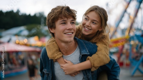 Fun family outing characterized by a joyful piggyback ride at a dazzling amusement park, surrounded by thrilling rides and excitement. Bright colors and spirited laughter fill the air as parents