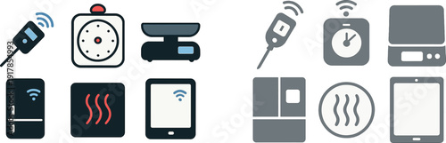 A collection of smart kitchen devices including a thermometer, timer, scale, refrigerator, warming drawer, and tablet showcasing connectivity features. These tools streamline cooking processes.