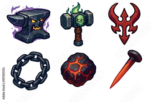 Different game items showing a hammer, anvil, chain, spikes, fireball, and a symbol of chaos on a white background