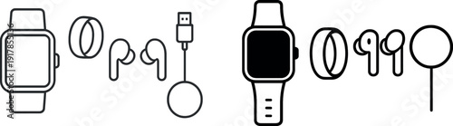 A smartwatch, wireless earbuds, and a fitness band are arranged neatly beside a charging cable. The items are outlined in a minimalistic style against a plain white backdrop.