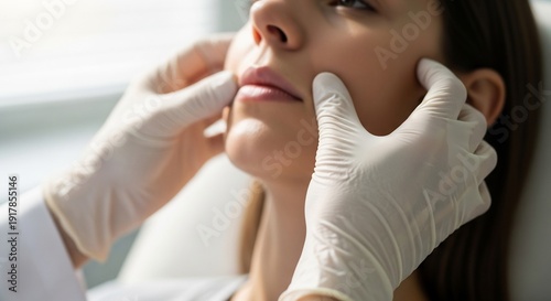 Closeup of a doctors gloved hands examining a womans face.