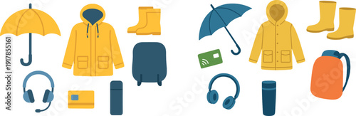 A collection of outdoor essentials for rainy weather featuring a yellow raincoat, umbrella, boots, headgear, and accessories suited for a wet day adventure.