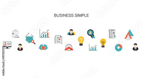 A collection of simple business icons representing various concepts and ideas in a modern flat design style
