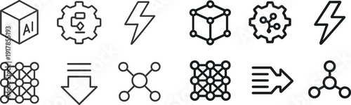 Various icons depicting concepts related to artificial intelligence, machine learning, and neural networks are presented in a minimalist style.
