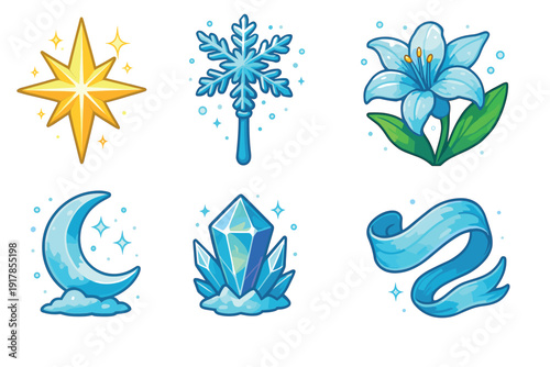 Various symbols of winter showing a star, snowflake, flower, moon, crystal, and ribbon in a simple design