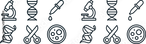 Scientific tools displayed in a laboratory include a microscope, DNA helix, pipette, scissors, and cells. These items symbolize research and experimentation in genetics.