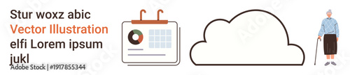 Cloud technology, daily planning, aging population, data visualization, time management, elder care. Calendar with graph, cloud symbol elderly person with cane. Cloud technology and planning concept