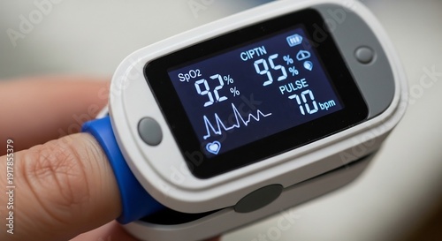Closeup of a finger with a pulse oximeter attached displaying vital signs.