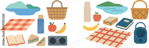 A picnic setup featuring a checkered blanket, a basket, sandwiches, fruits, a water bottle, and a book located near a serene lake with green hills in the background.