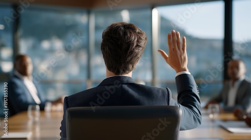 Business team in a modern boardroom, one member confidently making a rejection gesture, portraying strategy and teamwork. Sleek minimalist office design featuring a large glass window with city