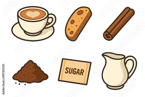 Cup of coffee with sugar, cinnamon, bread, and coffee grounds on a simple background for morning routine