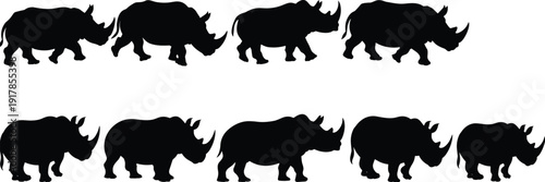 Rhinoceros silhouette collection on white background, group of black rhino animals isolated, wildlife nature design elements for African safari projects