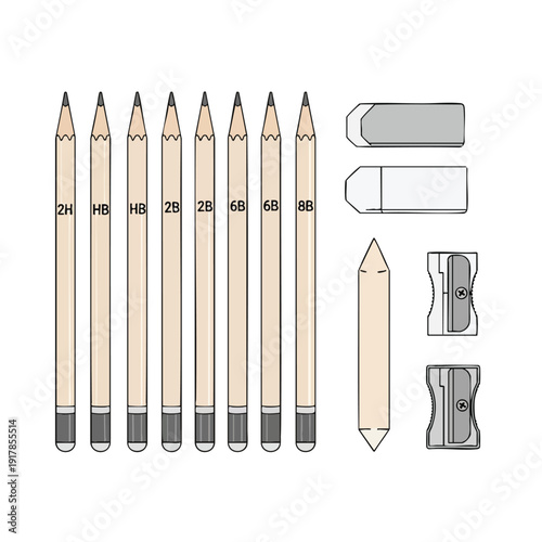 Set of Pencils and Erasers for Creative Drawing and Office Work