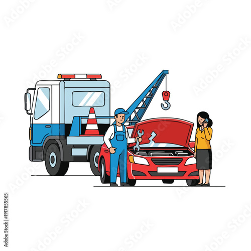 Emergency roadside assistance scene with tow truck and technician helping a broken down car