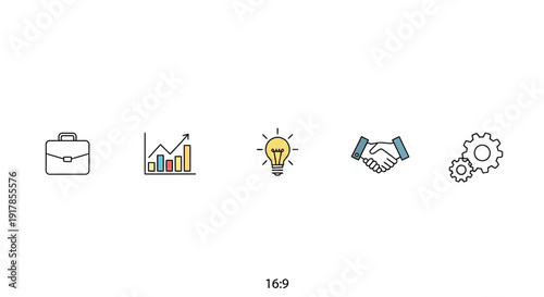 A series of icons representing business concepts including a briefcase, graph, lightbulb, handshake, and gear on a white background, flat illustration style, modern design elements.