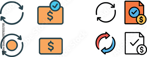 Graphic displays four finance-related icons showing money transactions and currency circulation in a modern, simple flat design. Ideal for illustrating financial concepts.