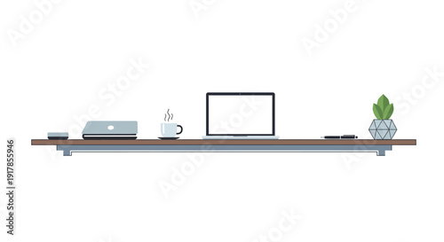 Modern office shelf with laptop, books, and decorative items on wooden surface from a straightforward viewpoint