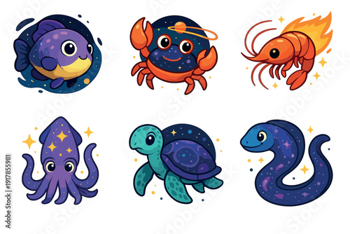 Cartoon sea animals in colorful space setting featuring fish crab shrimp octopus turtle and snake