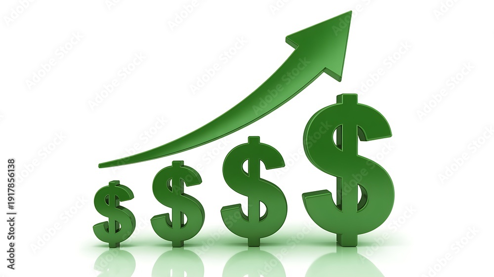 Obraz premium Three Green Dollar Signs with an Upward Arrow in a 3 D Render 3D render growth