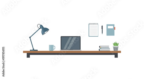 Modern workspace setup with a laptop and office supplies on a wooden desk viewed from the front