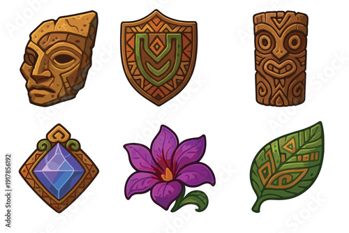 Collection of tribal artifacts and symbols on white background showing unique shapes and colors