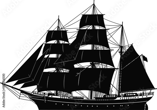 Black silhouette illustration of a fully rigged tall sailing ship with multiple masts, sails, and rigging, symbolizing maritime history, exploration, and naval design
