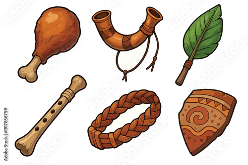 Collection of handmade items including tools, food, and decorations from a simple craft workshop in a village setting