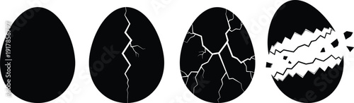 Black silhouette illustration of egg cracking stages from intact to broken, symbolizing transformation, growth, emergence, fragility, and concept of new beginnings