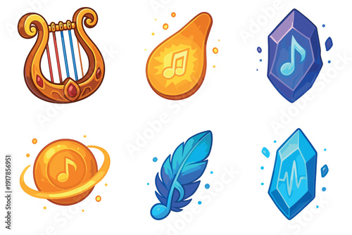 Colorful music icons including a lyre, notes, and crystals on a plain background