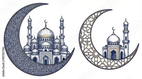 Islamic crescent moon and mosque illustrations