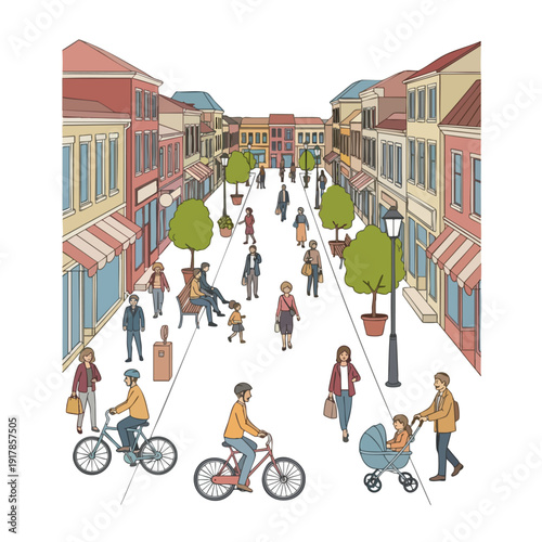 Vibrant City Street Scene with Pedestrians Bicyclists and Shops