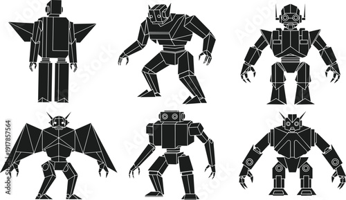 Robot silhouettes set, futuristic android characters collection, artificial intelligence machines, sci fi technology vector illustration isolated on white background
