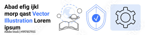 Open book with orbiting planets, shield with a checkmark, and gear symbolizing knowledge, protection, and processing. Ideal for education, security, technology, innovation research strategy simple