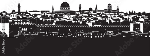 Jerusalem old city vector silhouette illustration with dome of the rock and city wall line art