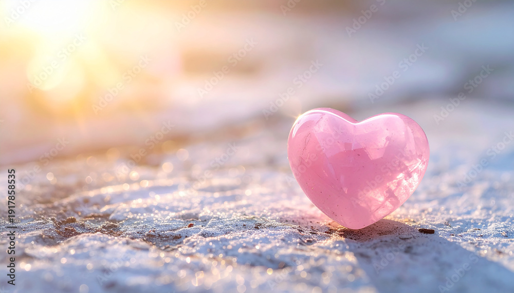 Fototapeta premium Pink heart stone on light textured tabletop, smooth polished quartz, natural mineral formation