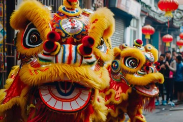 Chinese lion dance performing lunar new year festival