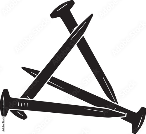 Three long sharp industrial nails crossed over vector silhouette illustration line art for sacrifice theme